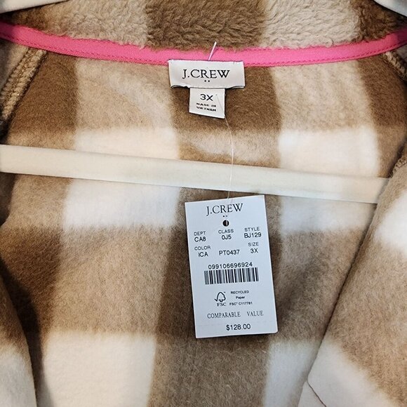 J. Crew  3X Women Plaid Faux Fur Sherpa  Mock Neck Zip-Up Jacket Brown White Pin - Picture 6 of 10